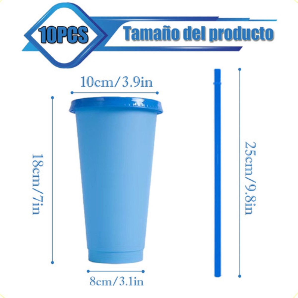 Vasos Magicos Cambian De Color Con Tapa Y Popote 710 ml 10 pzs multicolor