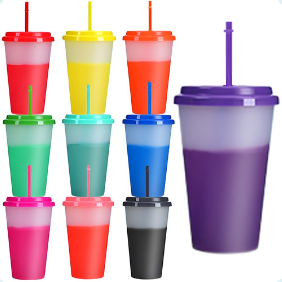 Vasos Magicos Cambian De Color Con Tapa Y Popote 710 ml 10 pzs multicolor