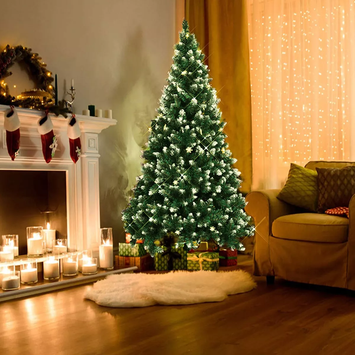 Árbol de Navidad Pino de Navidad Artificial Color Verde Denso Frondoso Puntas Blancas 1.50 m y 450 Ramas