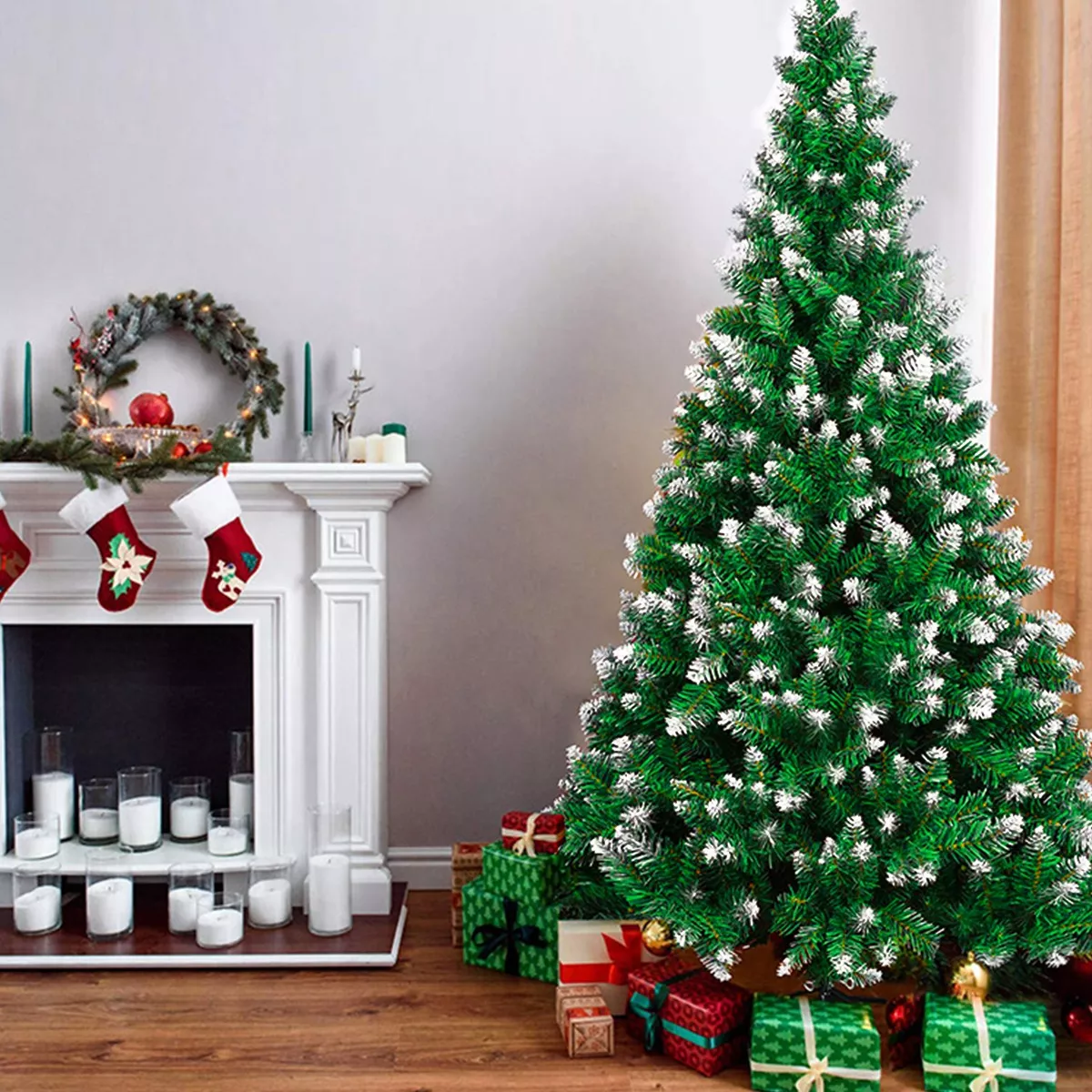Árbol de Navidad Pino de Navidad Artificial Color Verde Denso Frondoso Puntas Blancas 1.50 m y 450 Ramas