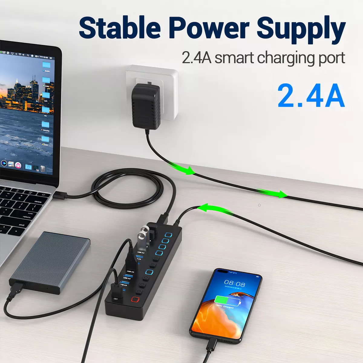 Adaptador de corriente 11 Puertos Hub USB, 10 Puertos USB 3.0 de 5Gbps 