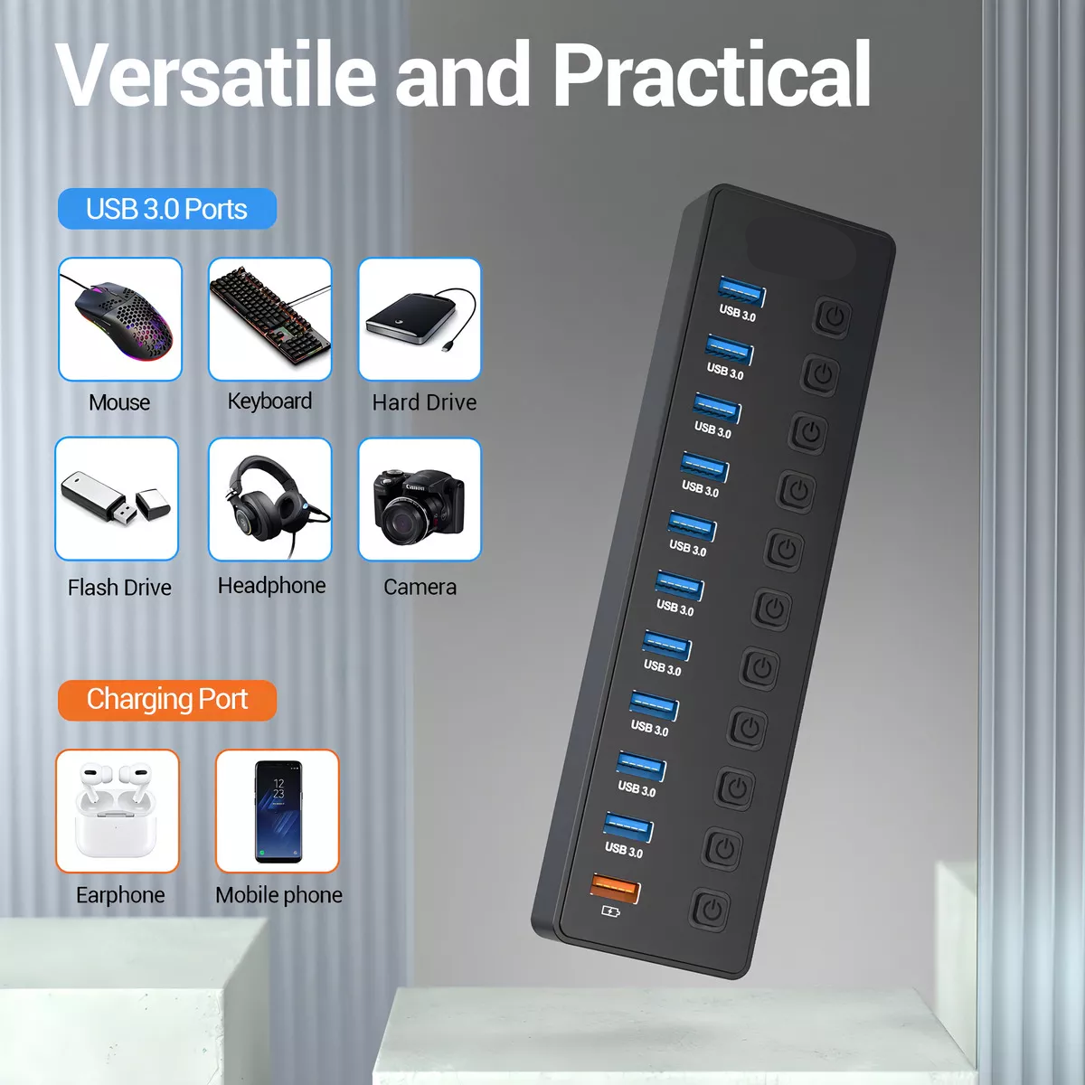 Adaptador de corriente 11 Puertos Hub USB, 10 Puertos USB 3.0 de 5Gbps 