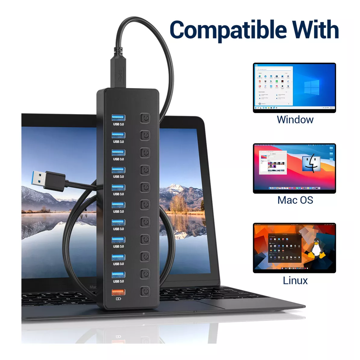 Adaptador de corriente 11 Puertos Hub USB, 10 Puertos USB 3.0 de 5Gbps 