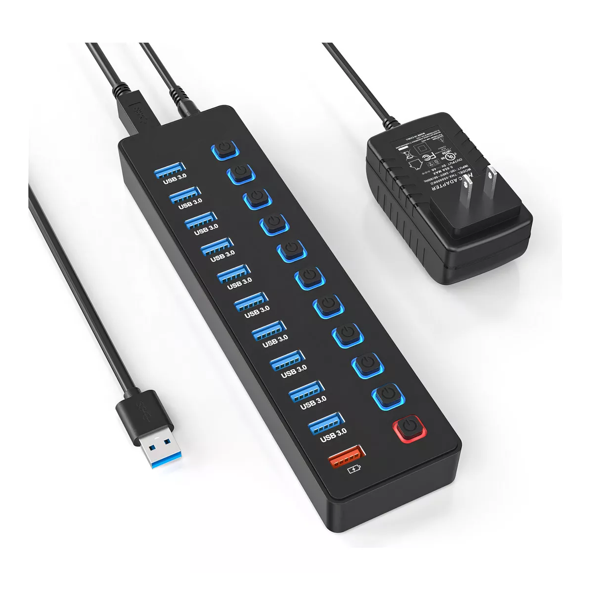 Adaptador de corriente 11 Puertos Hub USB, 10 Puertos USB 3.0 de 5Gbps 