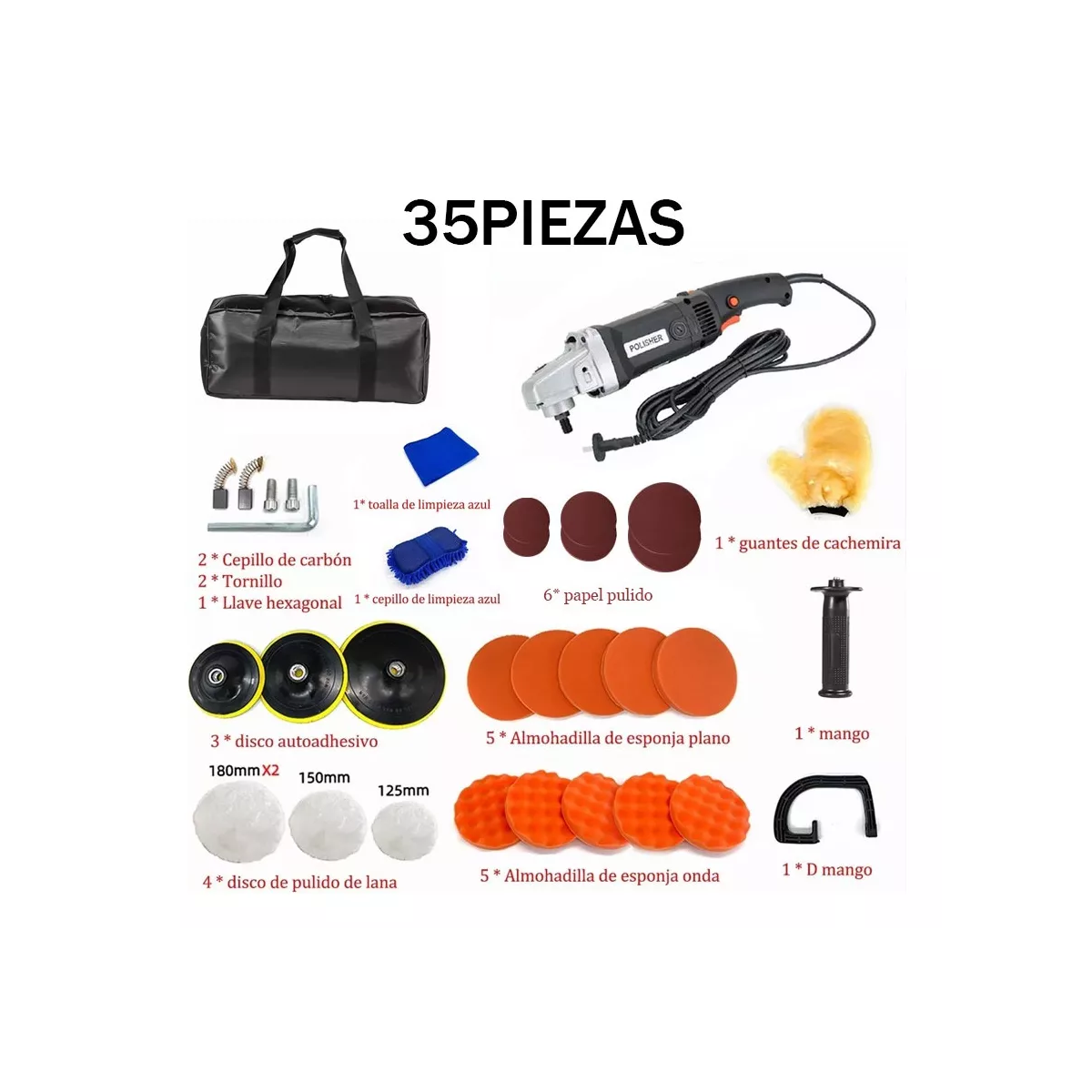 Kit 35 Piezas Pulidora Para Autos Pulido Lijado 180mm 1800w