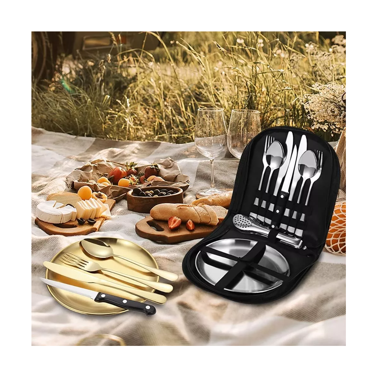 Juego De Cubiertos Camping Picnic Con Platos Portátil 10pzs