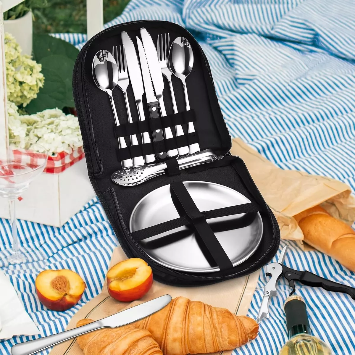 Juego De Cubiertos Camping Picnic Con Platos Portátil 10pzs