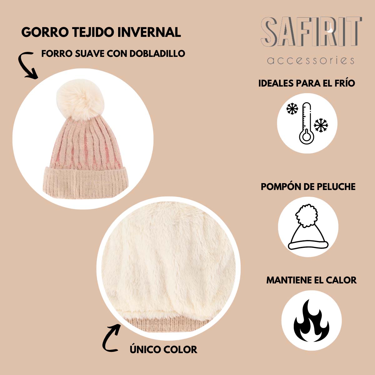 Gorro Tejido Afelpado Beige Rayas Rosas con Pompón  