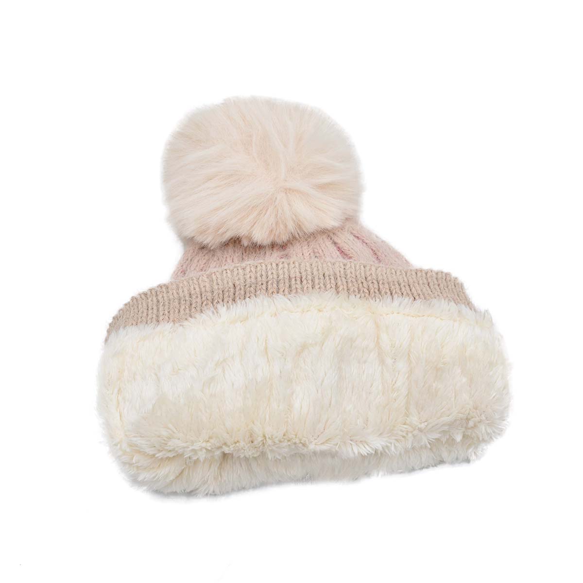 Gorro Tejido Afelpado Beige Rayas Rosas con Pompón  