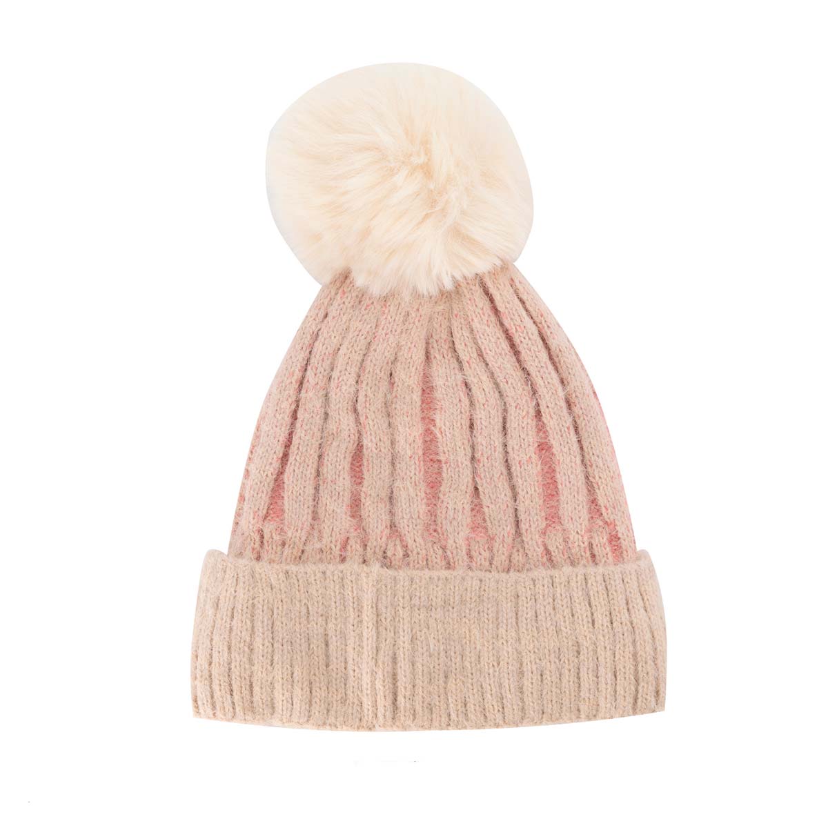 Gorro Tejido Afelpado Beige Rayas Rosas con Pompón  