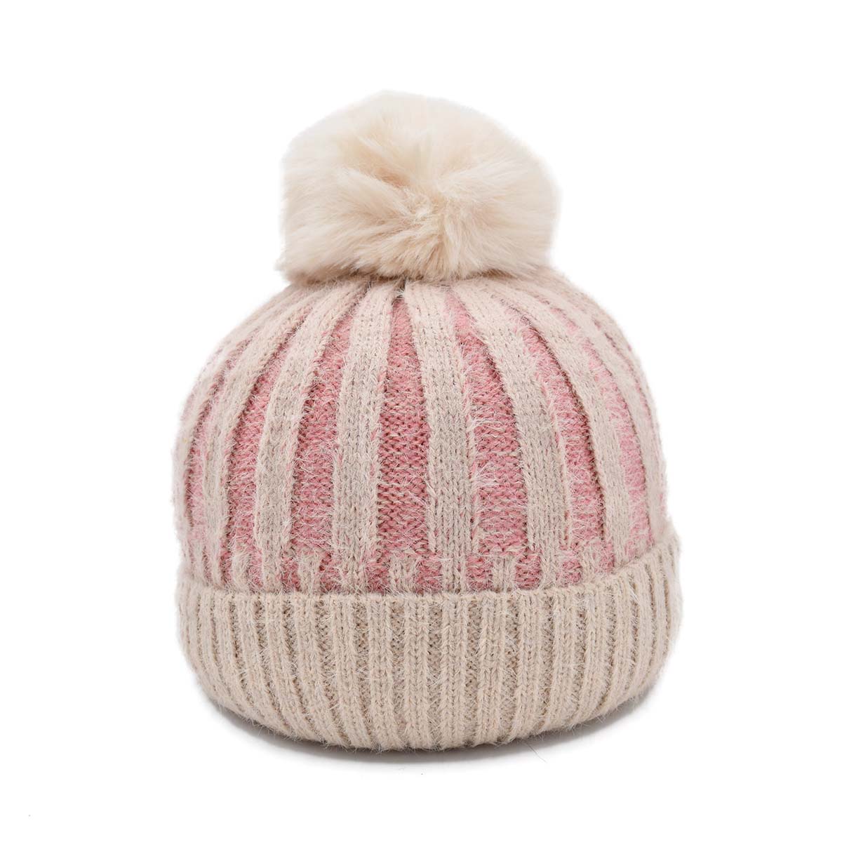 Gorro Tejido Afelpado Beige Rayas Rosas con Pompón  