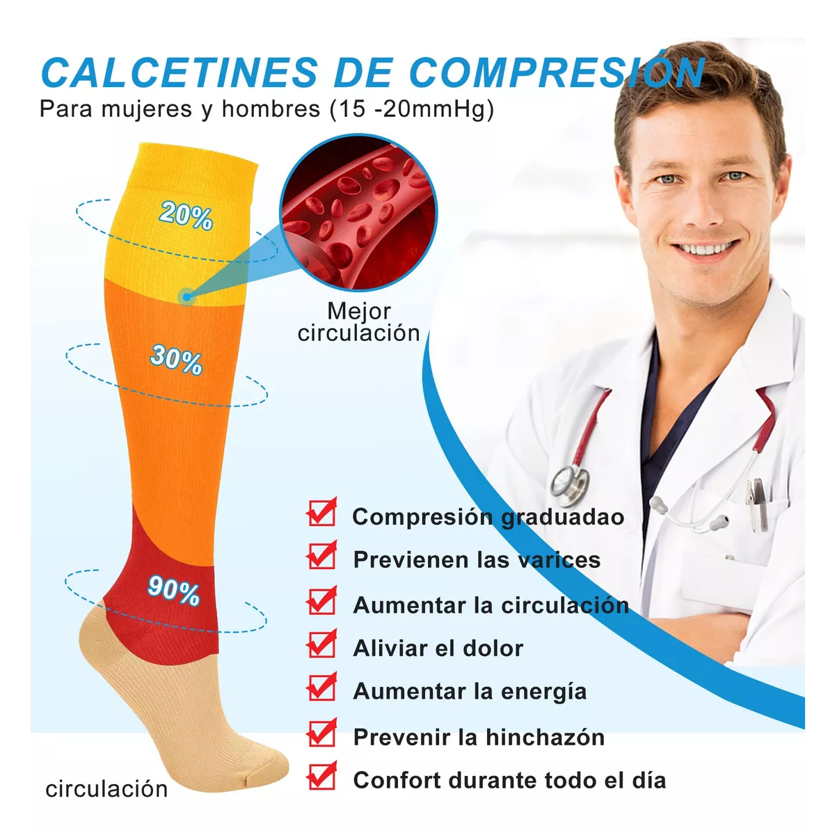 Medias De Compresión 15-20mmhg Calcetin Alivia Varices 6 Pares