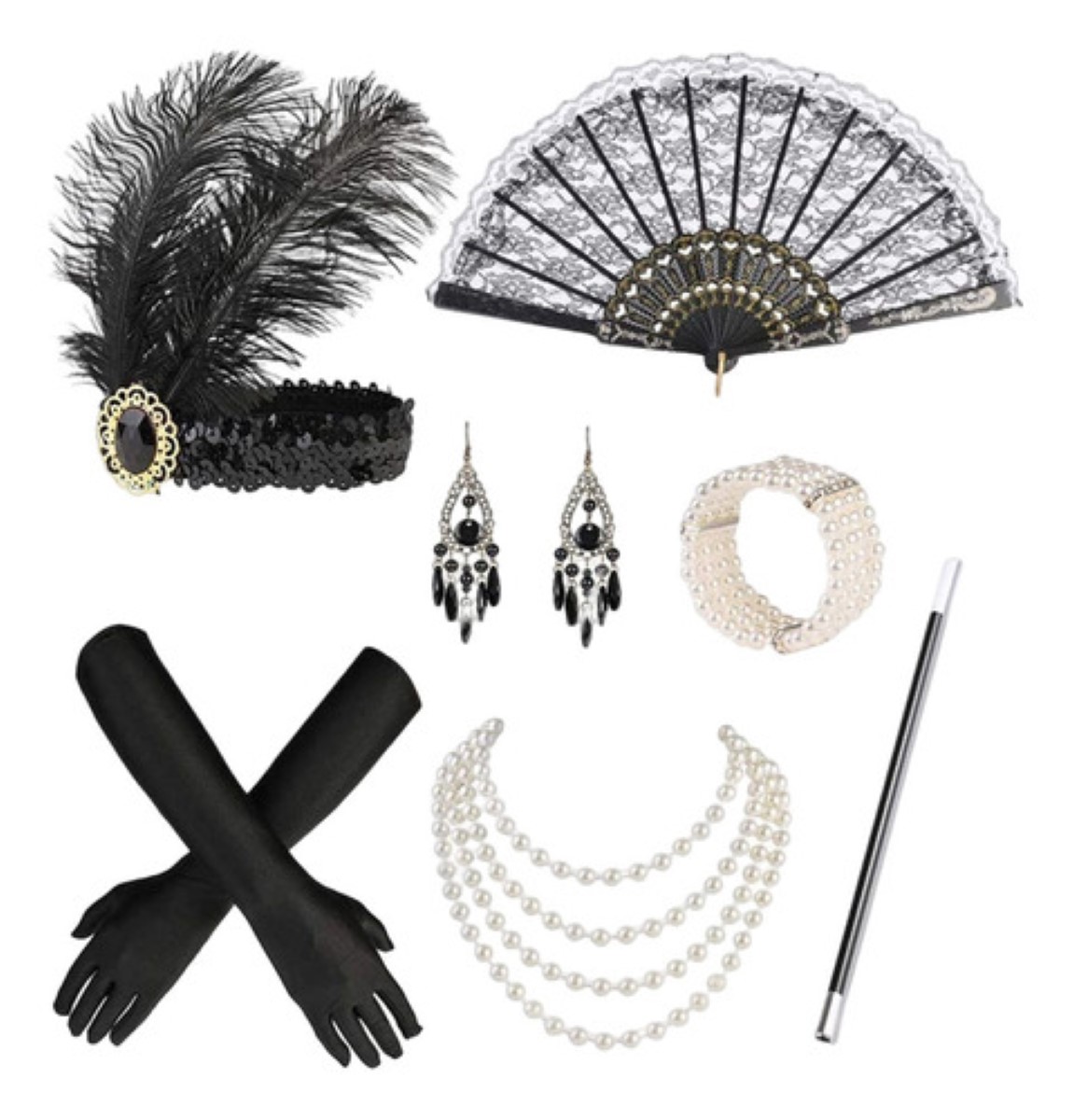 Set De 7 Accesorios Años 20 Para Mujer – Diadema, Collar, Pendientes, Guantes, Pulsera Y Chal, Estilo Gatsby Para Fiestas Y Carnaval