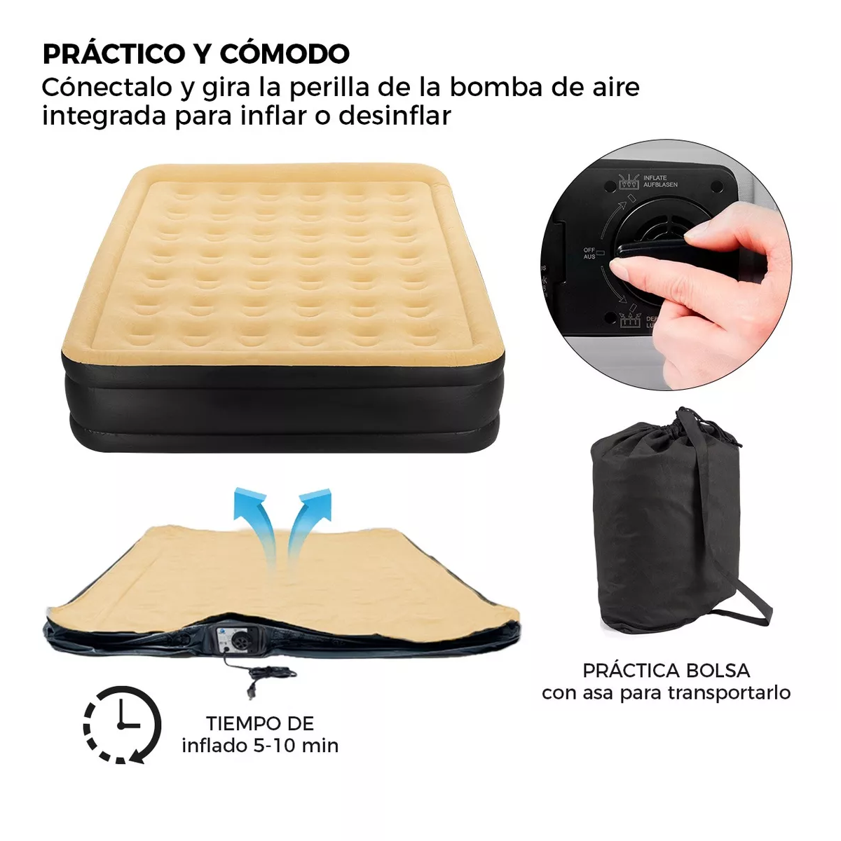 Colchón Inflable Queen Size + Bomba Inflable Cama Resistente Cafe