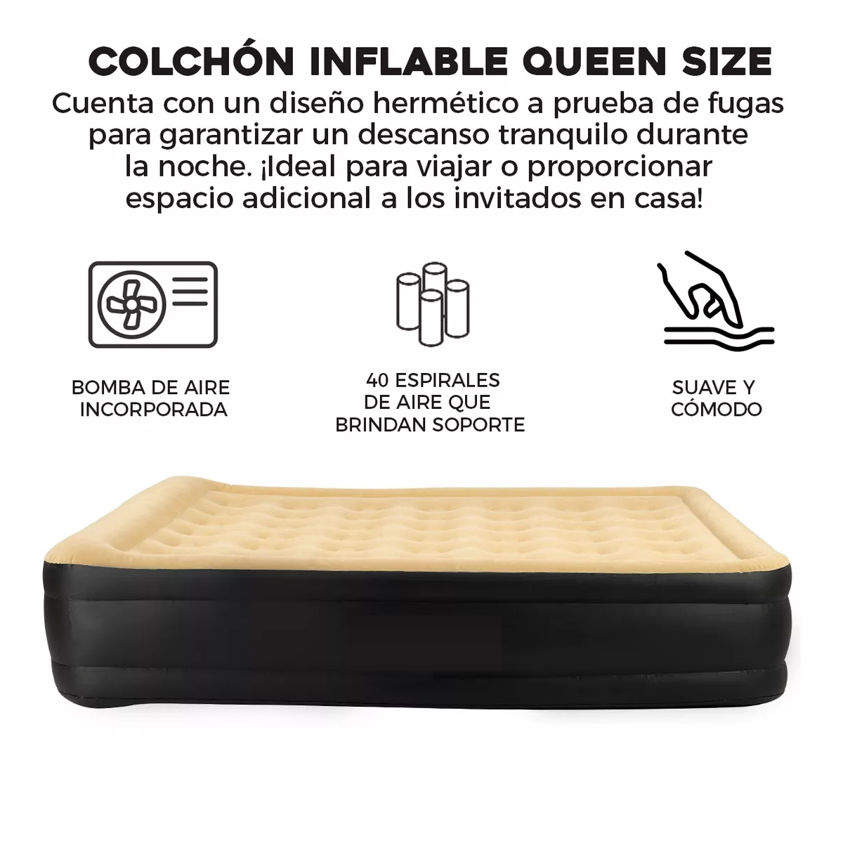 Colchón Inflable Queen Size + Bomba Inflable Cama Resistente Cafe