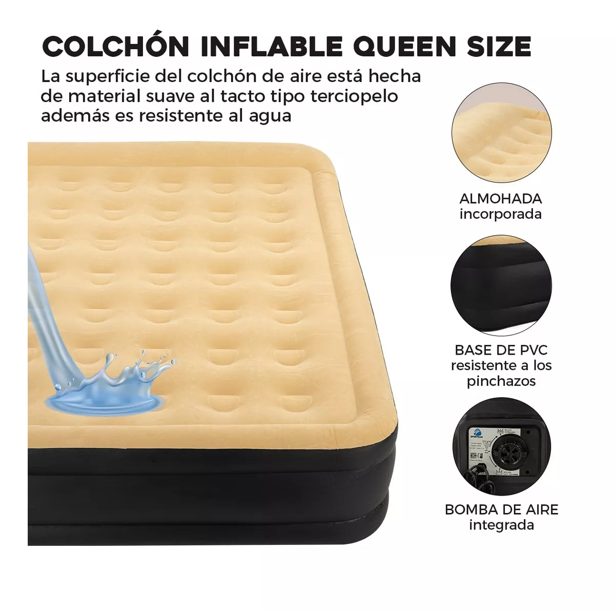 Colchón Inflable Queen Size + Bomba Inflable Cama Resistente Cafe