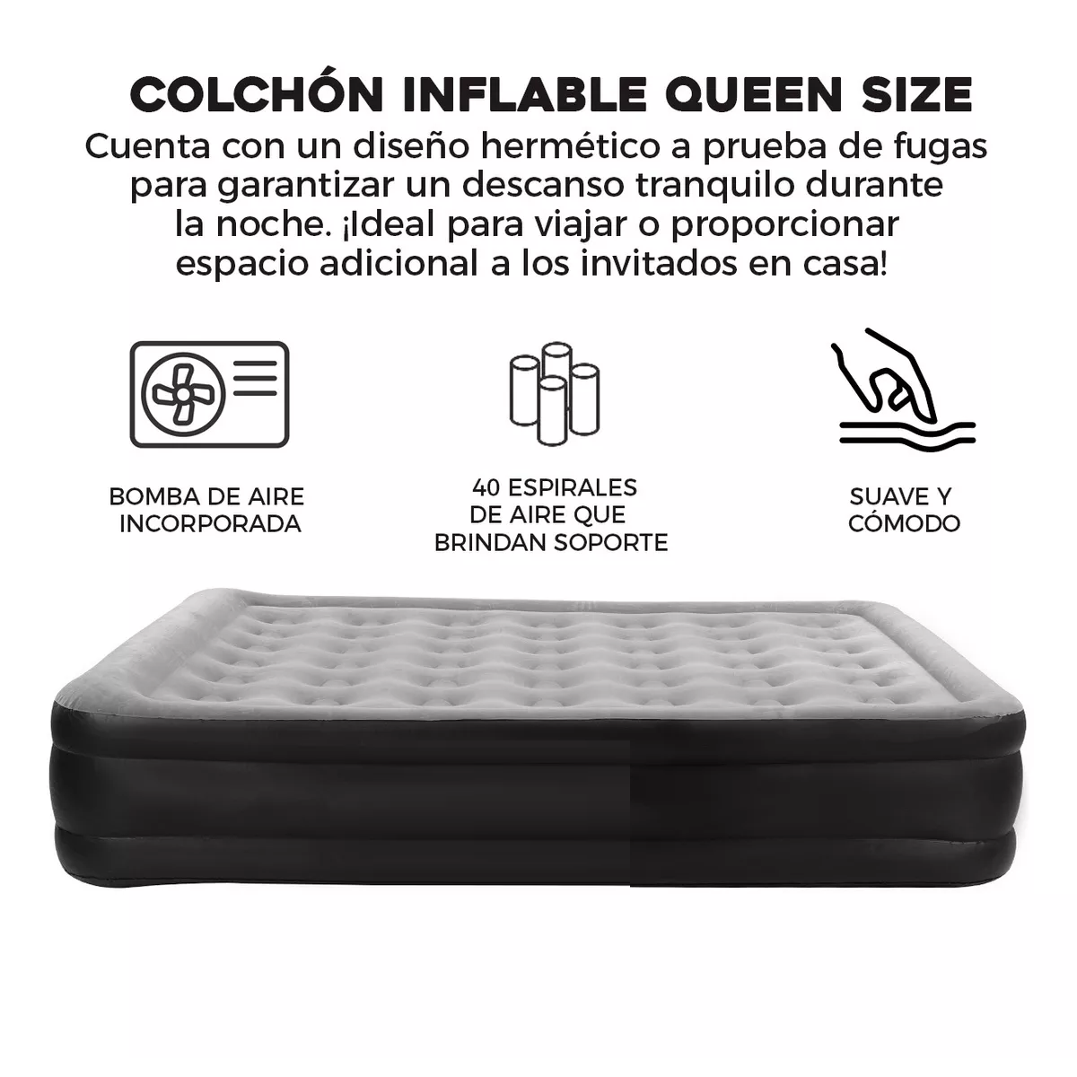 Colchón Inflable Queen Size + Bomba Inflable Cama Resistente Gris