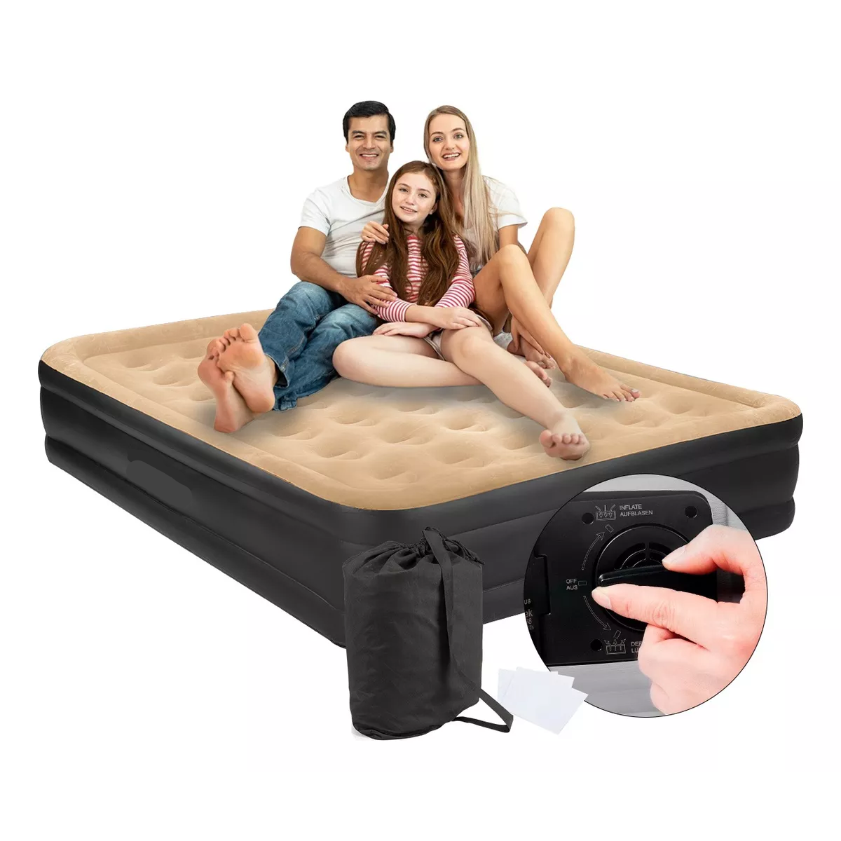 Colchón Inflable Queen Size + Bomba Inflable Cama Resistente Cafe
