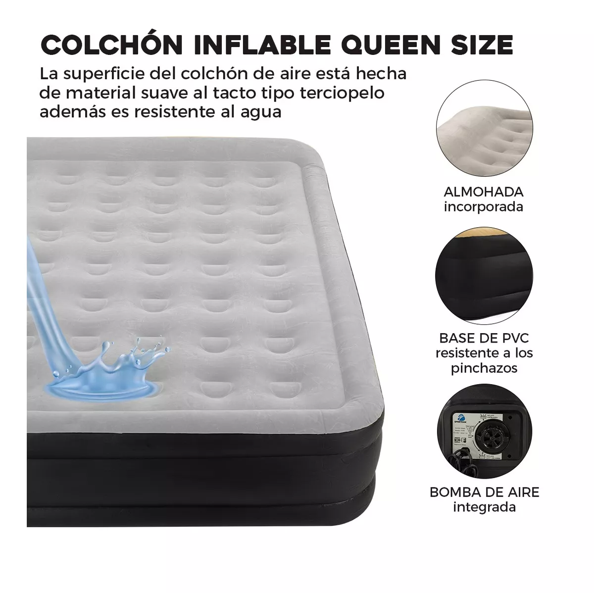 Colchón Inflable Queen Size + Bomba Inflable Cama Resistente Gris