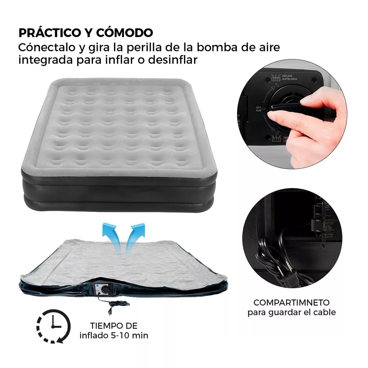 Colchón Inflable Queen Size + Bomba Inflable Cama Resistente Gris