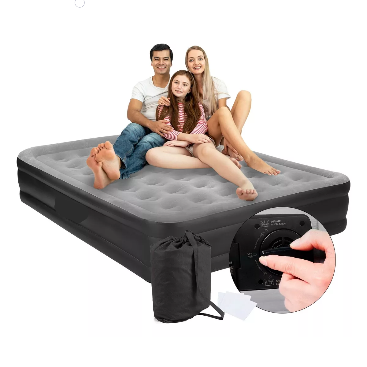 Colchón Inflable Queen Size + Bomba Inflable Cama Resistente Gris