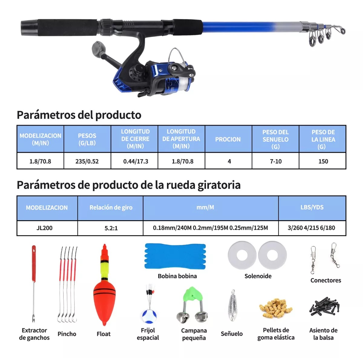 Combo 1.8m Caña De Pescar Accesorios Para Pesca Con Señuelo 