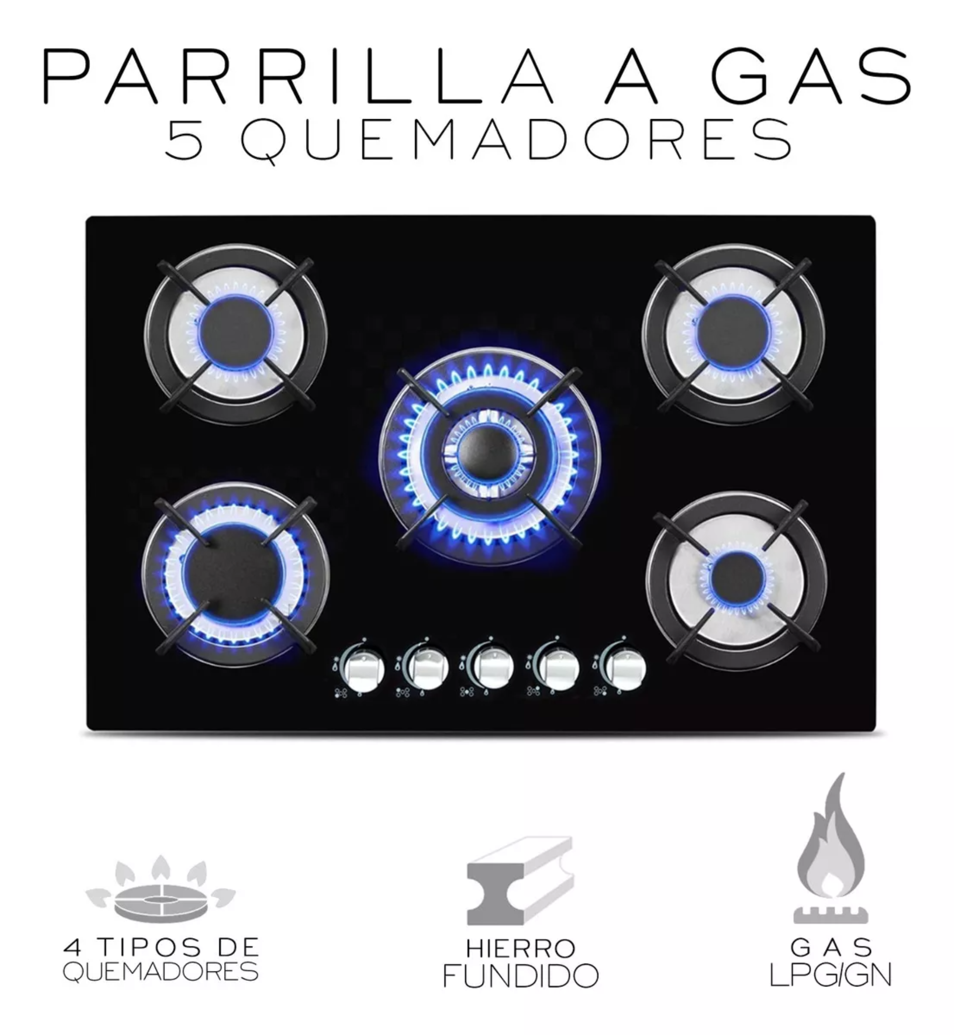Parrilla A Gas Premium 5 Quemadores Empotrable Negra Cristal Templado Color Negro Nube