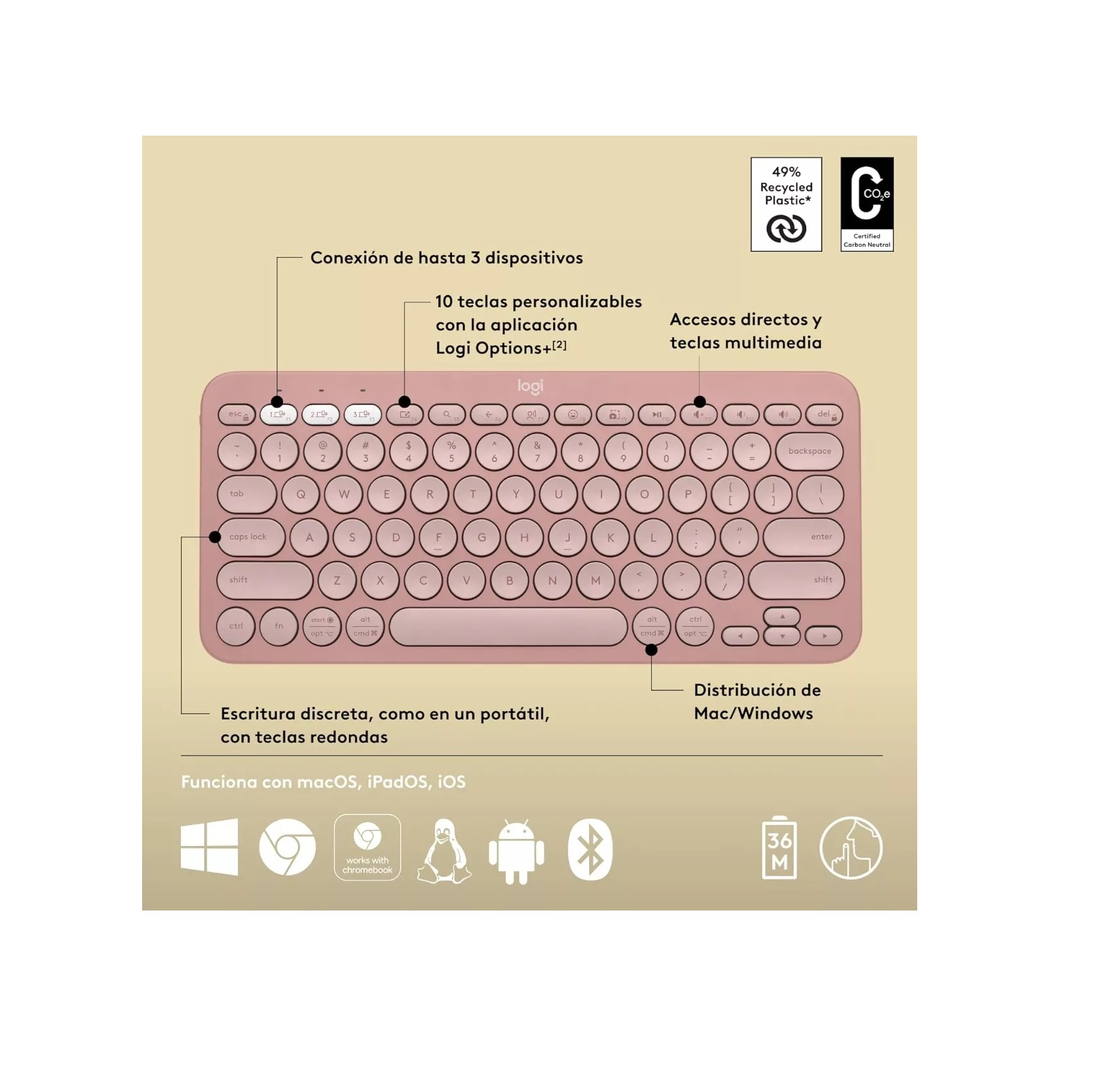 Teclado Bluetooth Logitech Modelo: Pebble Keys 2 k38OS,  Qwerty Español Color Rosa  