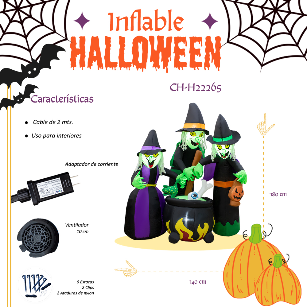 Inflable De Halloween Brujas en Caldero 1.8mts Con Luz Decorativo Exterior