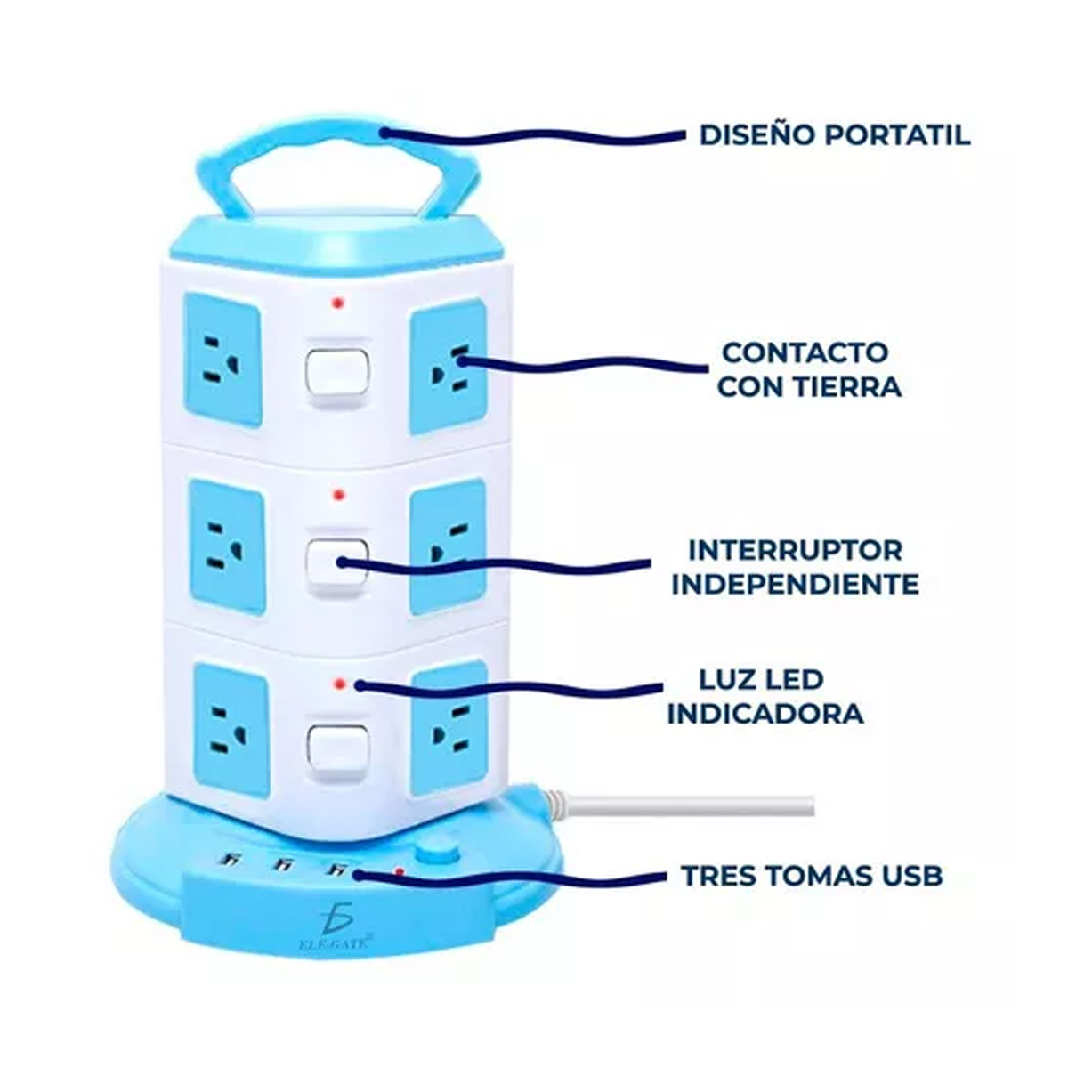 Torre Multi Contacto 3 Puertos Usb 5v 2.1a Enchufe México