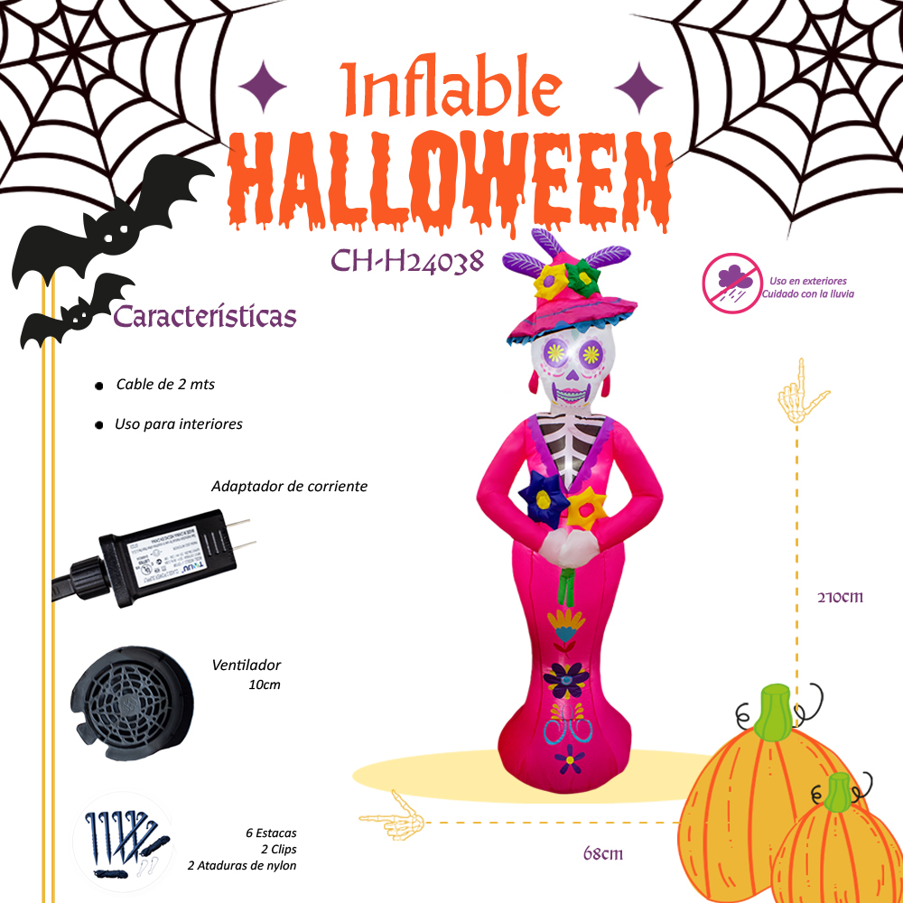 Inflable De Halloween Catrina Rosa 2.1mts Con Luz Decorativo Exterior
