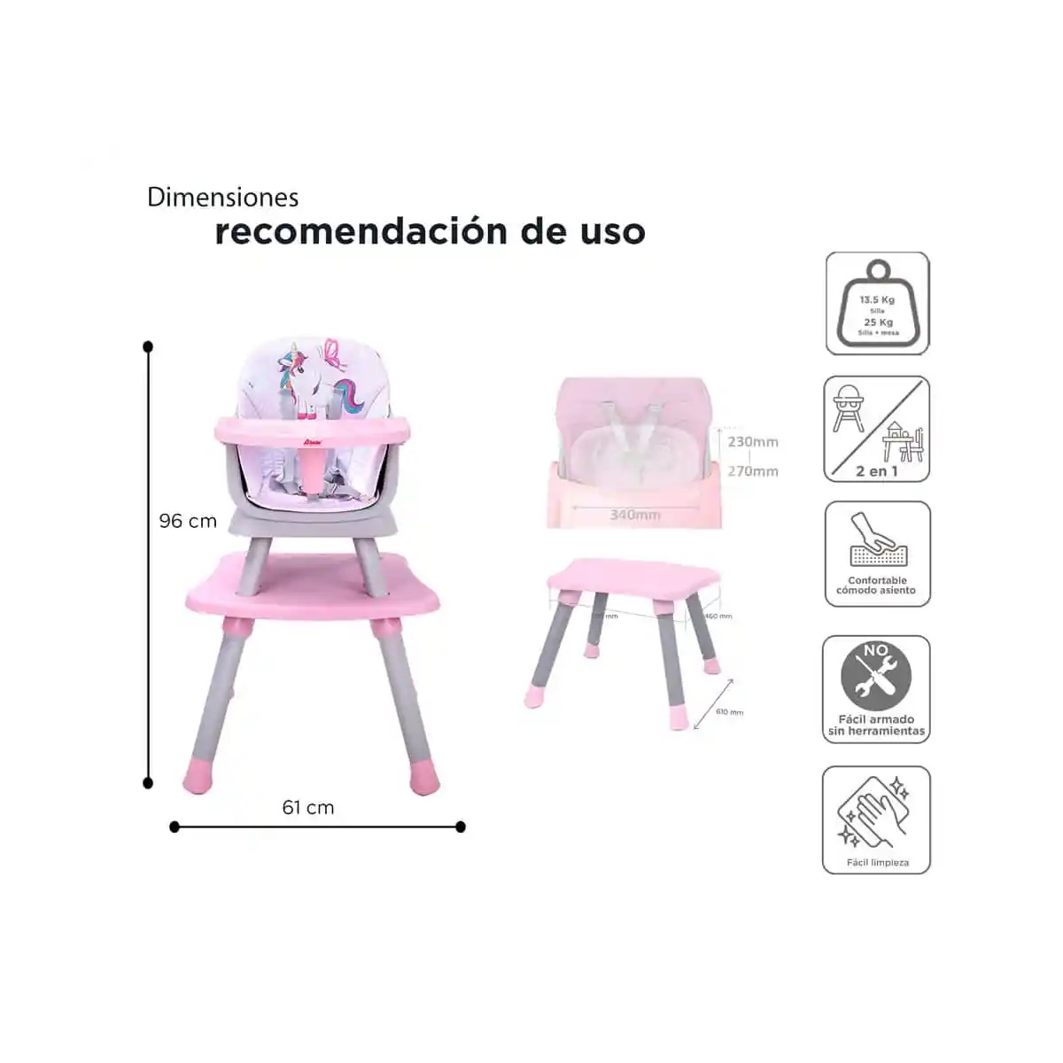 Silla Alta 4 en 1 Grow With Me D'Bebé Rosa ENDY10