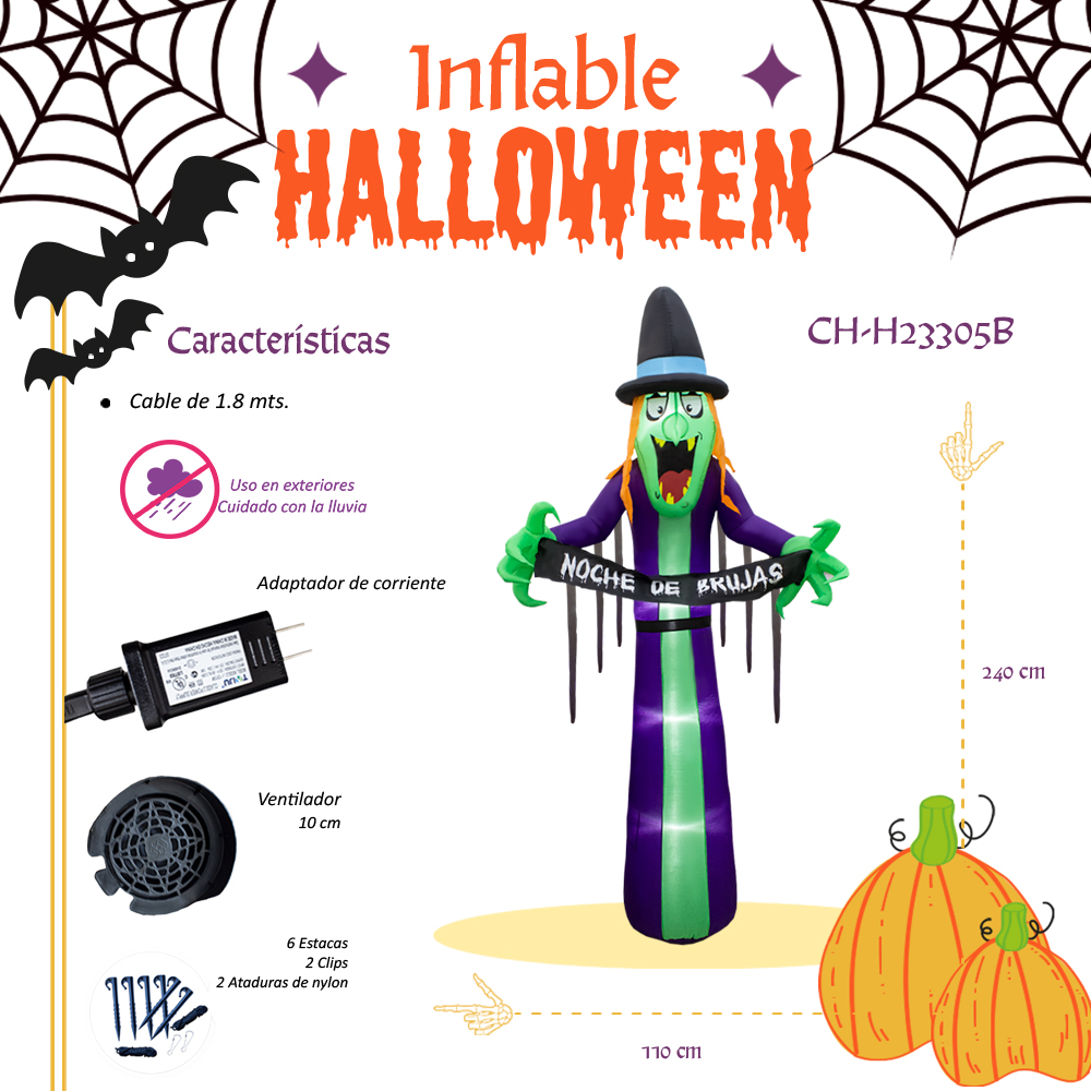 Inflable De Halloween Bruja de Miedo 2.4mts Con Luz Decorativo Exterior