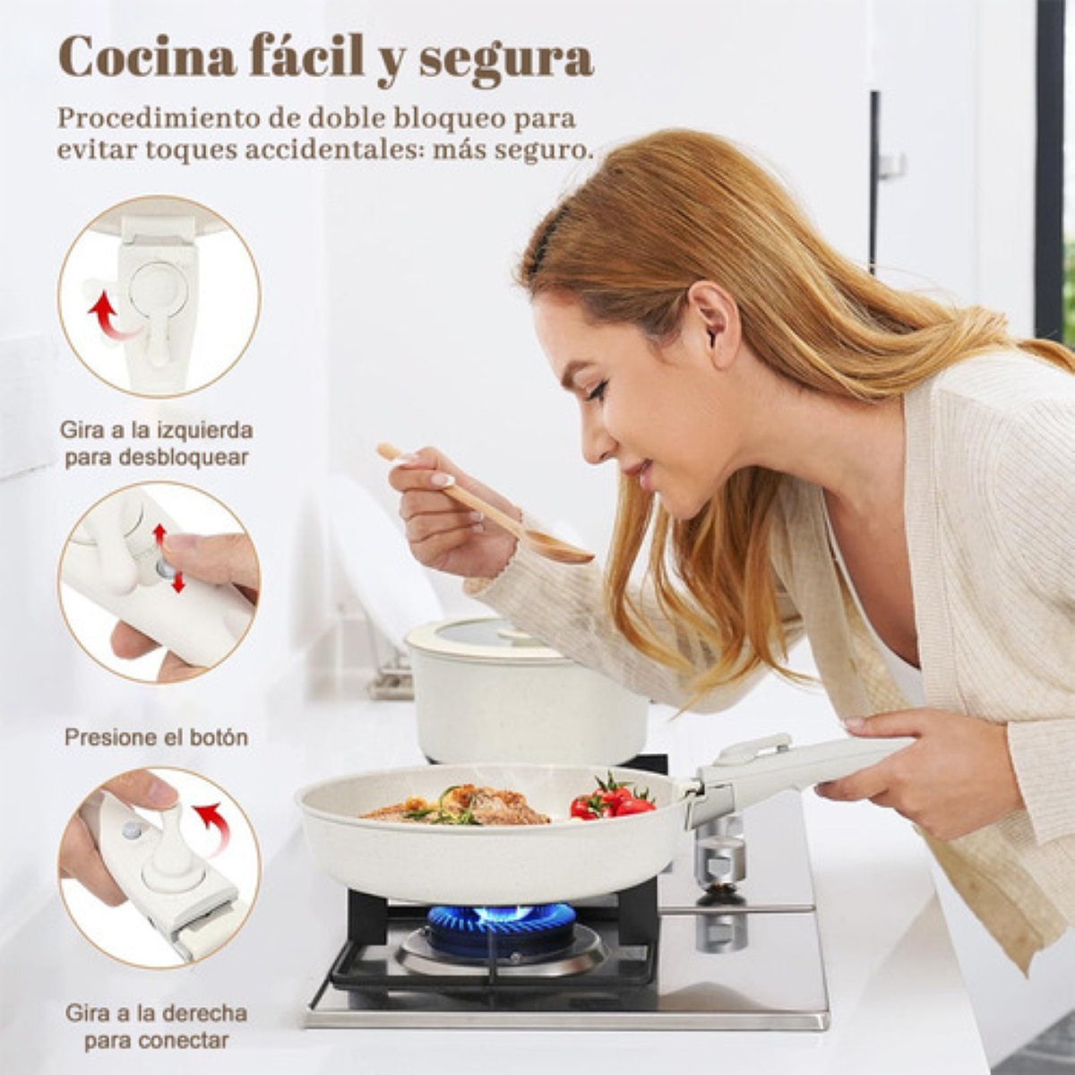 Bateria De Cocina Sartén Antiadherente Con Mango Extraíble Blanco