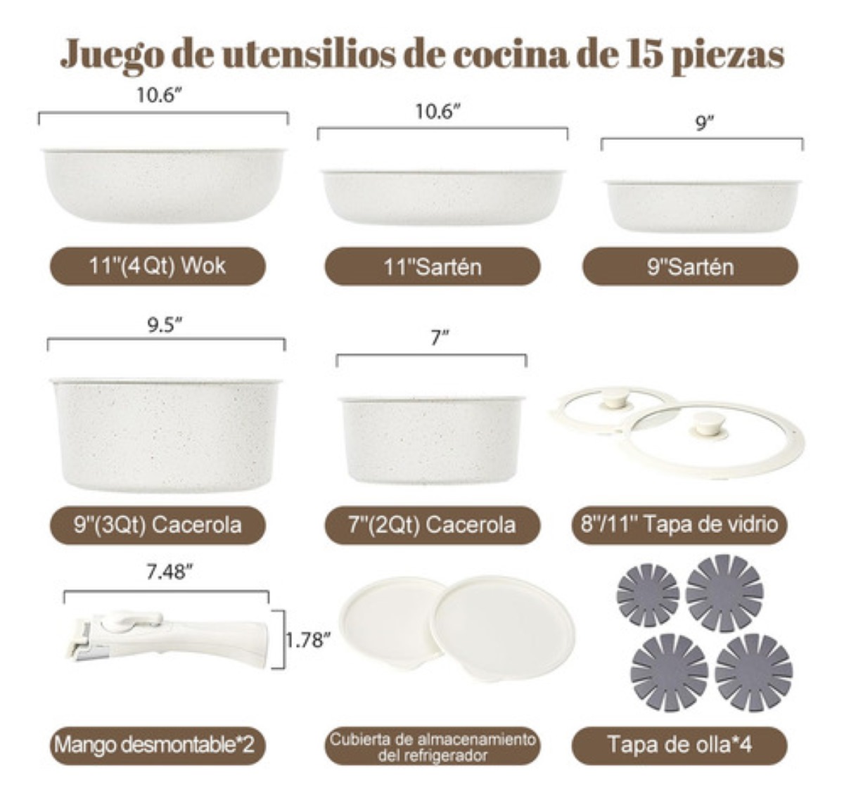 Bateria De Cocina Sartén Antiadherente Con Mango Extraíble Blanco