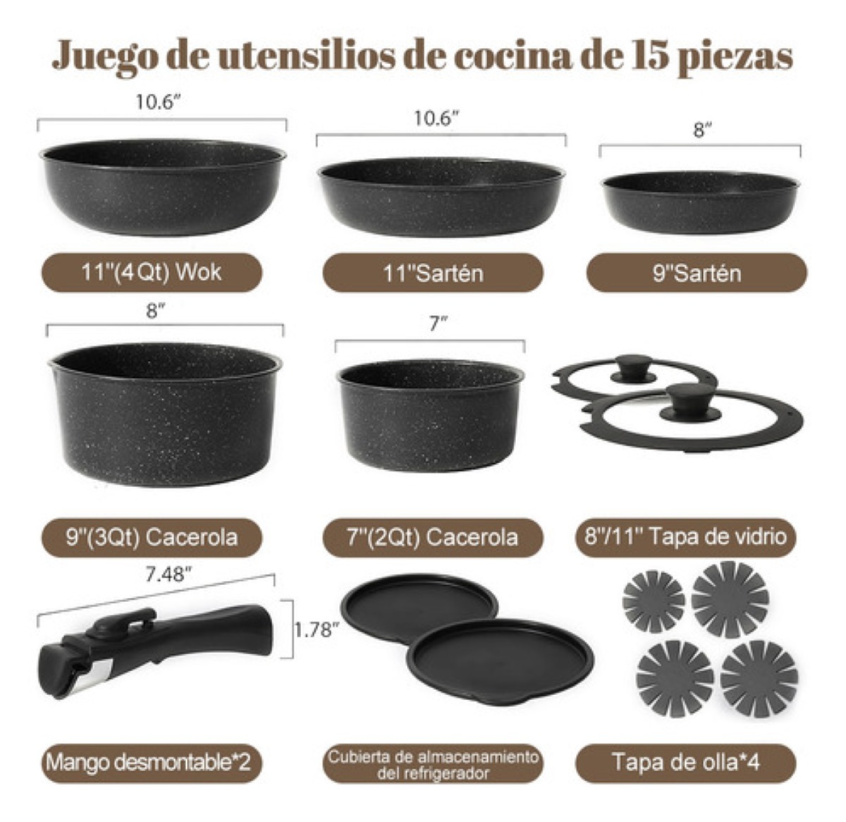 Bateria De Cocina Sartén Antiadherente Con Mango Extraíble Negro