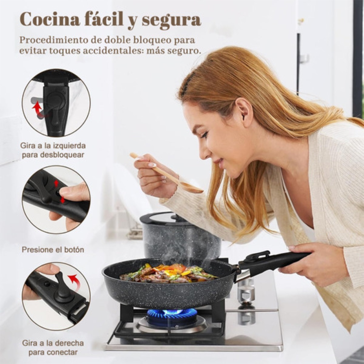 Bateria De Cocina Sartén Antiadherente Con Mango Extraíble Negro