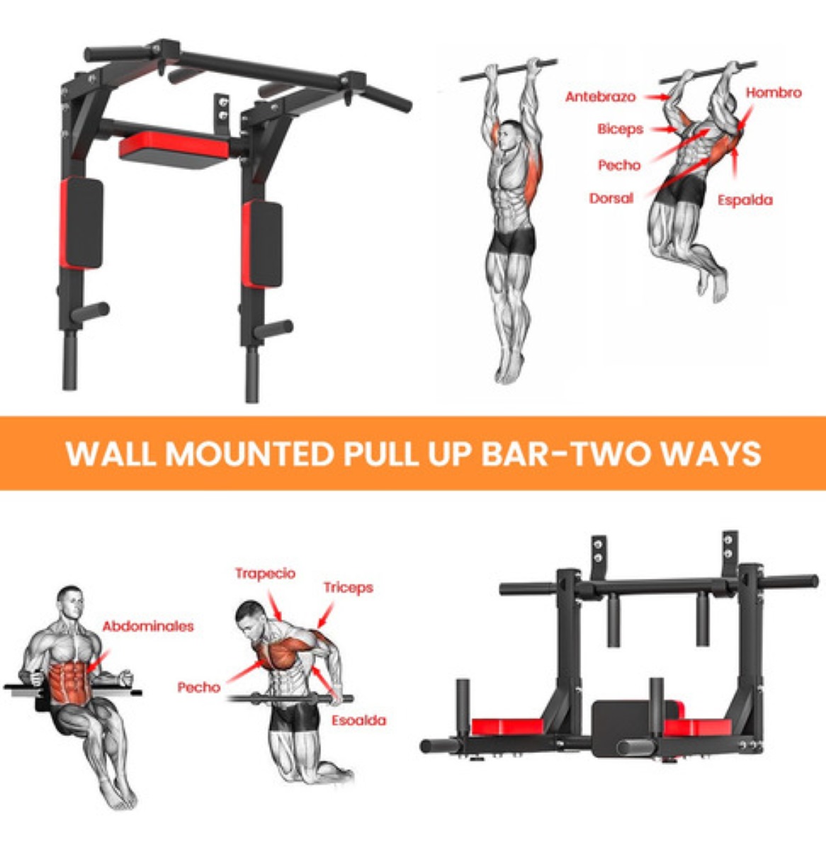 Barra 8 en 1 Dominadas Pared Gym Multifuncional Box Pesas negro/rojo