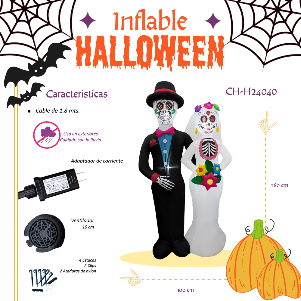 Inflable De Halloween Novios Calavera 1.8mts Con Luz Decorativo Exterior