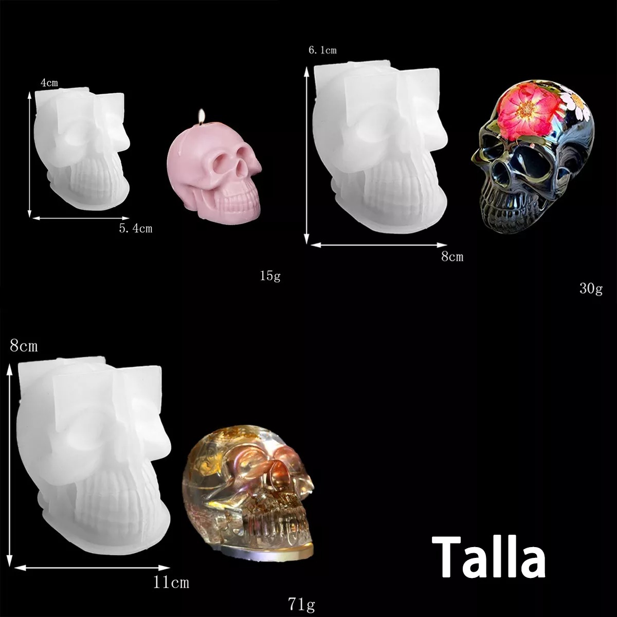 Molde Silicon Calavera Azúcar Craneo Vela 3d Jabón Epoxy 3pc
