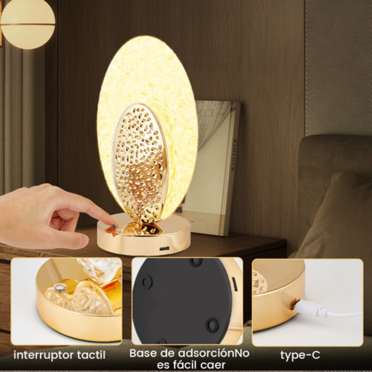 Lampara Escritorio Led Luz Noche Cristal Cola de pavo real dorado