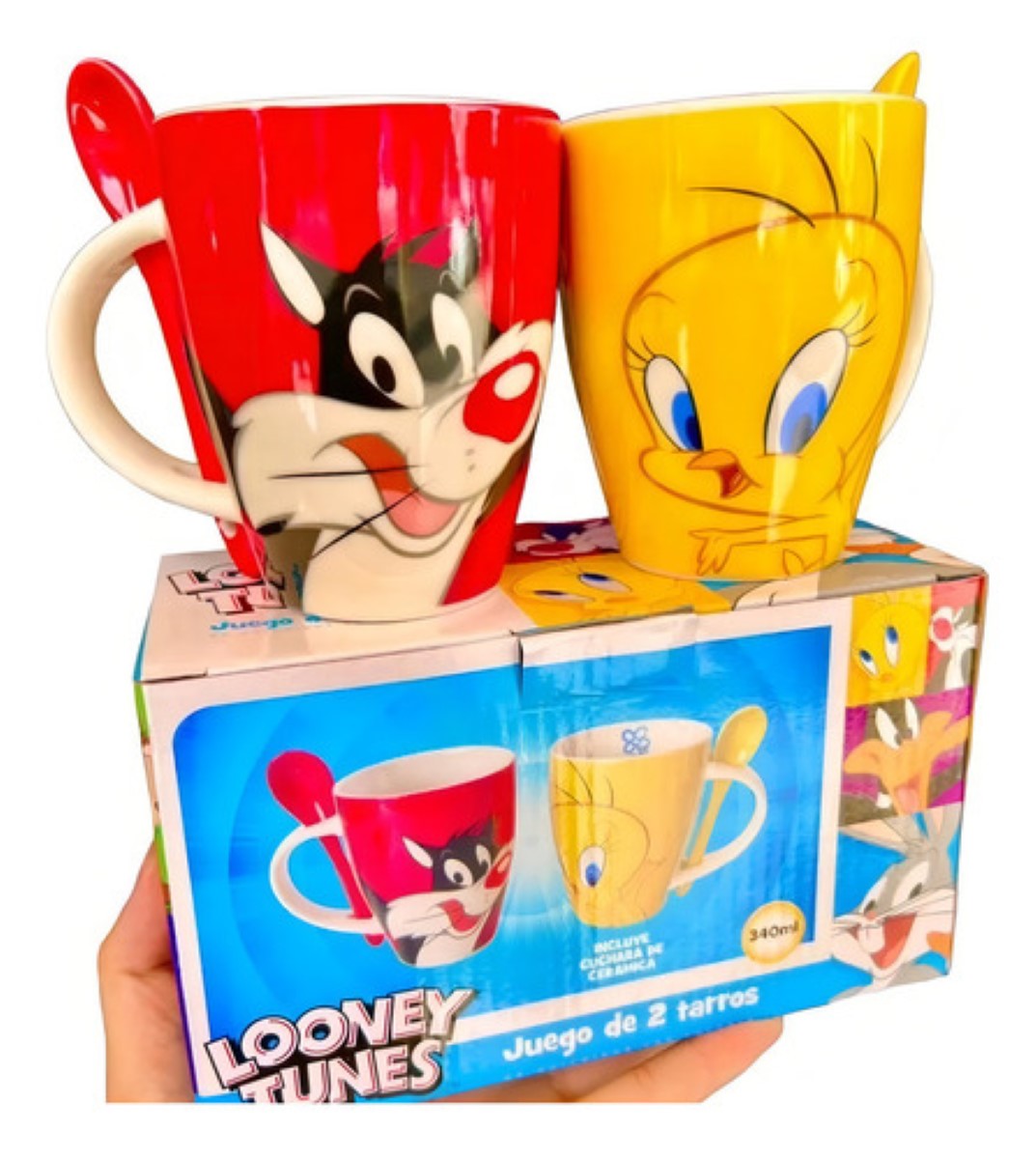 Tazas Dúo Disney De Piolín Y Silvestre Con Cuchara amarillo rojo