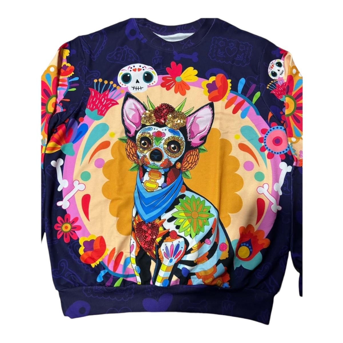 Sudadera Ligera Detalle Lentejuela Catrina Perro  Dia De Muertos
