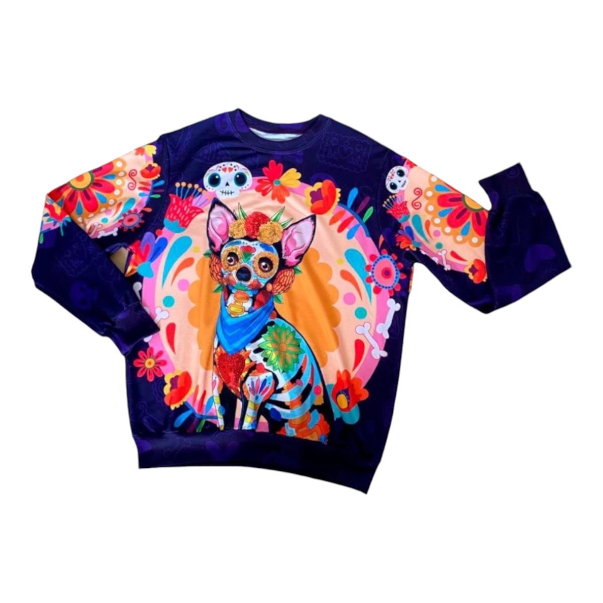 Sudadera Ligera Detalle Lentejuela Catrina Perro  Dia De Muertos
