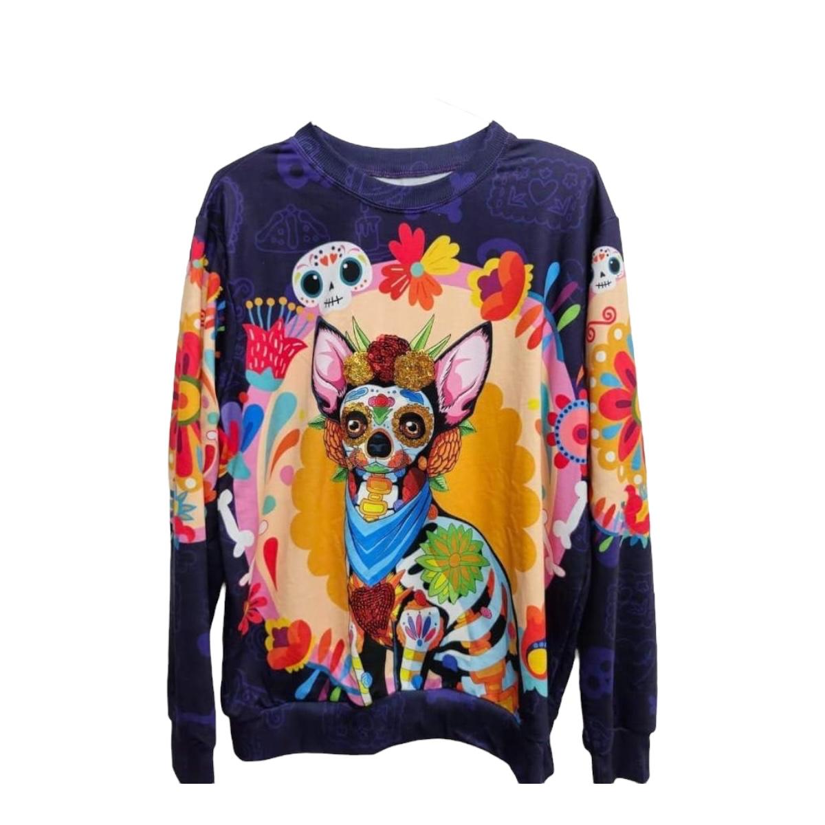 Sudadera Ligera Detalle Lentejuela Catrina Perro  Dia De Muertos