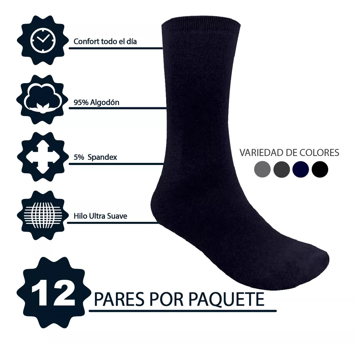 Calcetín Caballero De Vestir Algodón 12 Pares Unitalla