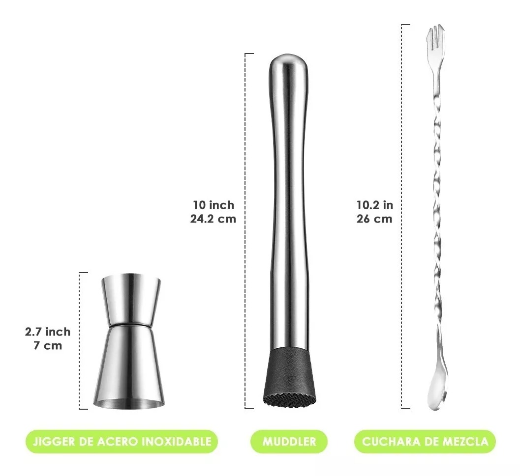 Kit Muddler De Acero Inoxidable Con Jigger Cuchara Macerador