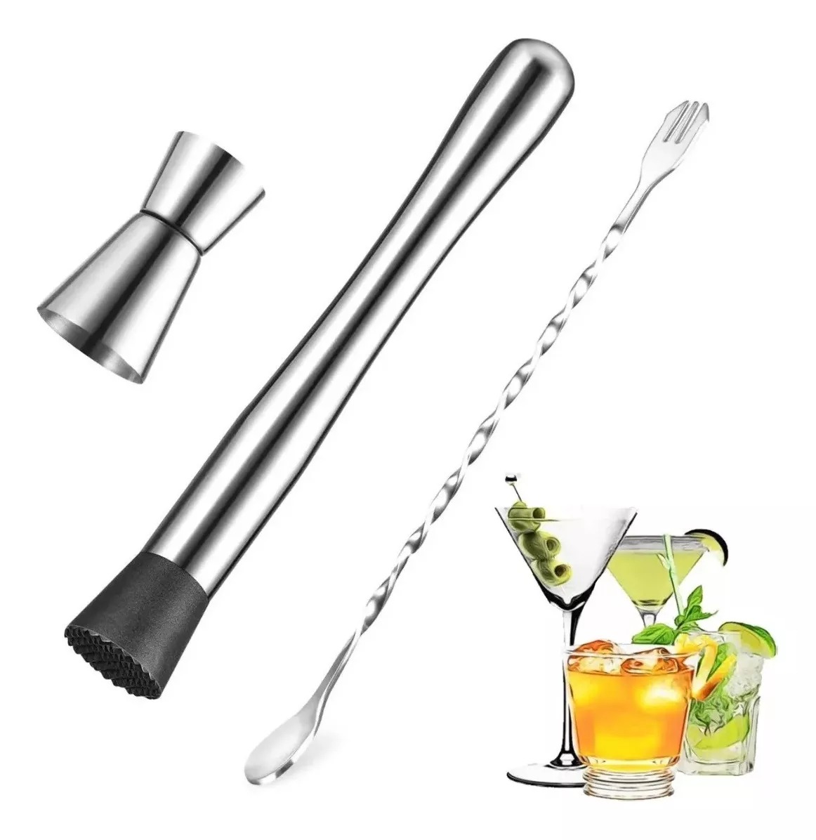 Kit Muddler De Acero Inoxidable Con Jigger Cuchara Macerador