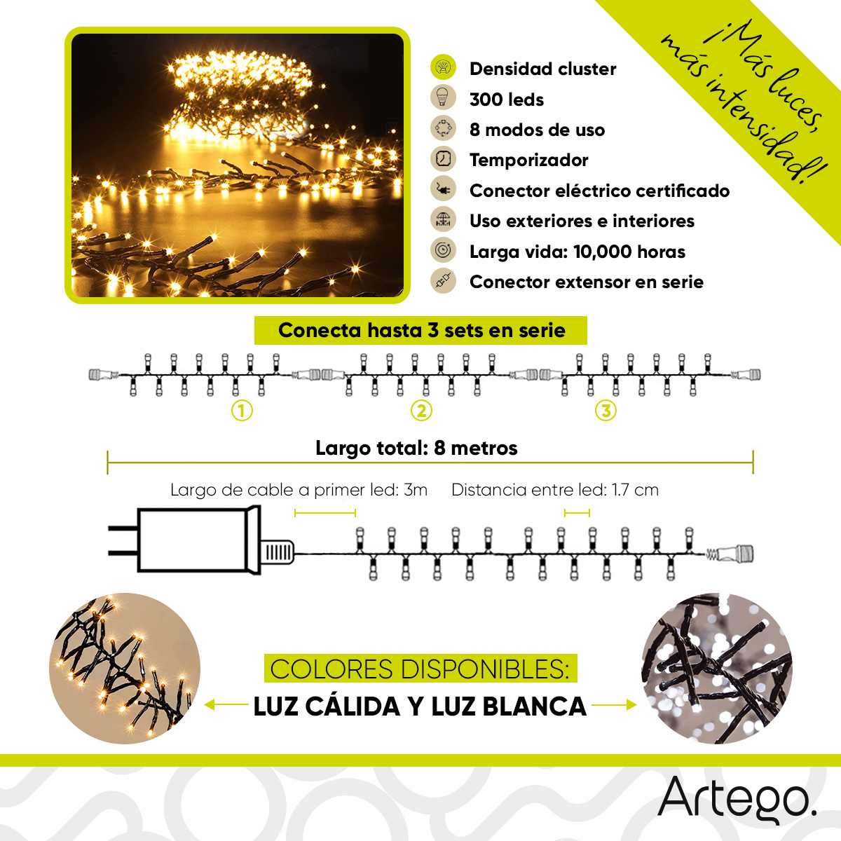 Luces de navidad serie 300 led CLUSTER alta densidad Artego uso interior exterior con temporizador Decoración luces Navideñas eventos bodas LED christmas