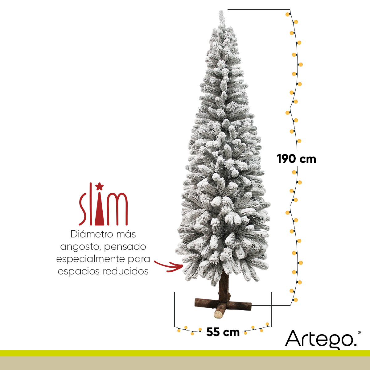 Árbol De Navidad Nevado Sentinel pine Slim tipo lápiz Ramas Premium Pino Navideño 190 Cm De Alto con base de madera real y maleta transportadora Artego
